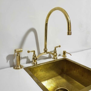 Unlacquered Brass Bridge Faucet, Pure Brass V Bridge Kitchen Faucet, Spray Side, Brass Soap dispenser image 1