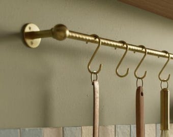 Unlacquered Brass Pot Rail | Brass Pot Rack with S hooks | Twisted Rod Pot Rail with Movable Hooks | Kitchen Organizer Racks