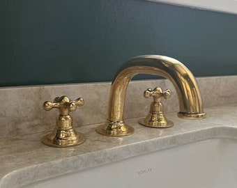 Unlacquered Brass Deck Mounted Sink Faucet, Widespread Lavatory Faucet Sink