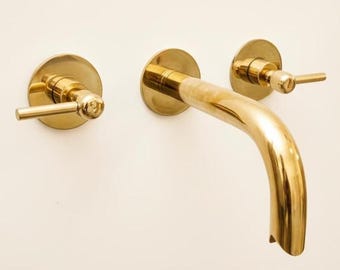 Unlacquered Brass Wall Mount Faucet Gold Double Handle | Lever Handle Wall Mounted Faucet Snake Opening | Custom Bathroom Sink Faucet