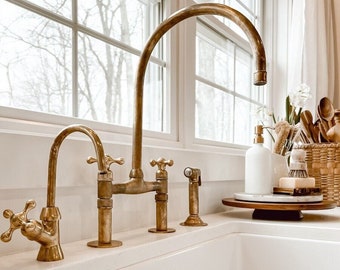 Unlacquered Brass Kitchen Faucet, Solid Brass 8" Bridge faucet with Cross Handles and Straight Legs