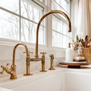 Unlacquered Brass Kitchen Faucet, Solid Brass 8" Bridge faucet with Cross Handles and Straight Legs