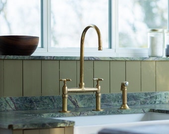 Unlacquered Brass Kitchen Faucet With Linear Legs - Solid Brass Bridge Faucet - Kitchen Faucets