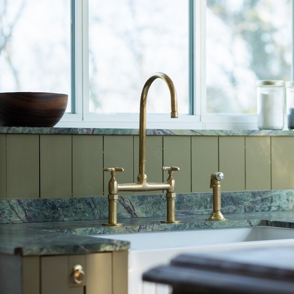 Unlacquered Brass Kitchen Faucet With Linear Legs - Solid Brass Bridge Faucet - Kitchen Faucets