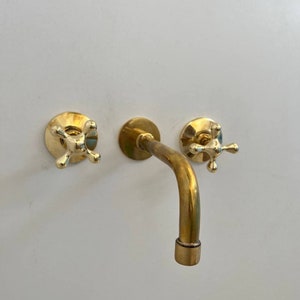 Unlacquered Brass Bathroom Faucet - Brass Wall-Mount Tub Faucet with Cross Handles - Rough In Valve INCLUDED