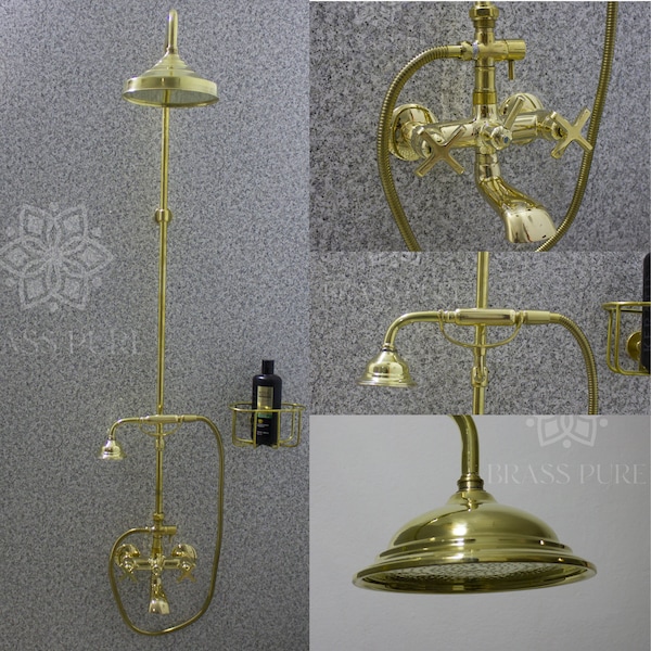 Antique Pure Brass Shower System, Wall Mount Rain Drop, Bathroom Tub Filler With Hand Shower Heads In The Form Of A Telephone