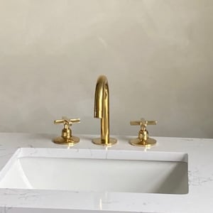 排水口付きバスルーム用蛇口、3穴蛇口、無塗装真鍮製洗面台用蛇口