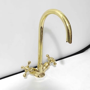 Single Hole Faucet Vanity Unlacquered Brass, Single Hole Gooseneck Faucet with Two Handles ,Vanity Faucets