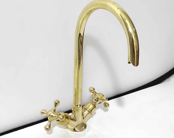 Single Hole Faucet Vanity Unlacquered Brass, Single Hole Gooseneck Faucet with Two Handles ,Vanity Faucets