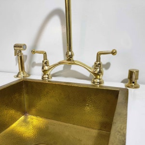 Unlacquered Brass Bridge Faucet, Pure Brass V Bridge Kitchen Faucet, Spray Side, Brass Soap dispenser image 4