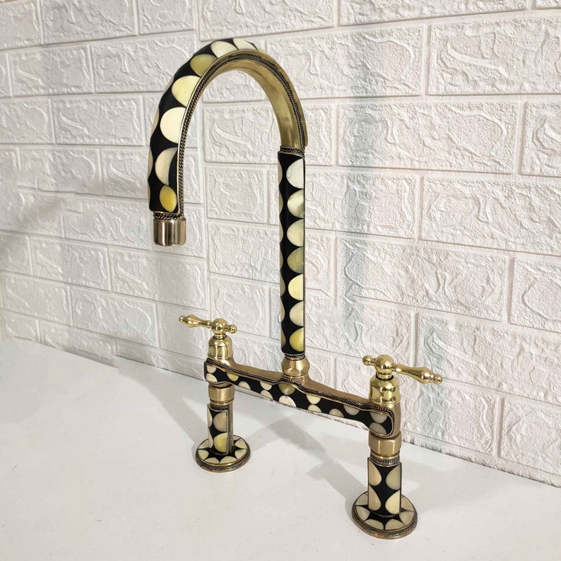 Moroccan Brass Bridge Faucet With Linear legs & Lever Handle Style - Bone and Black Resin Design - Kitchen Faucet image 2