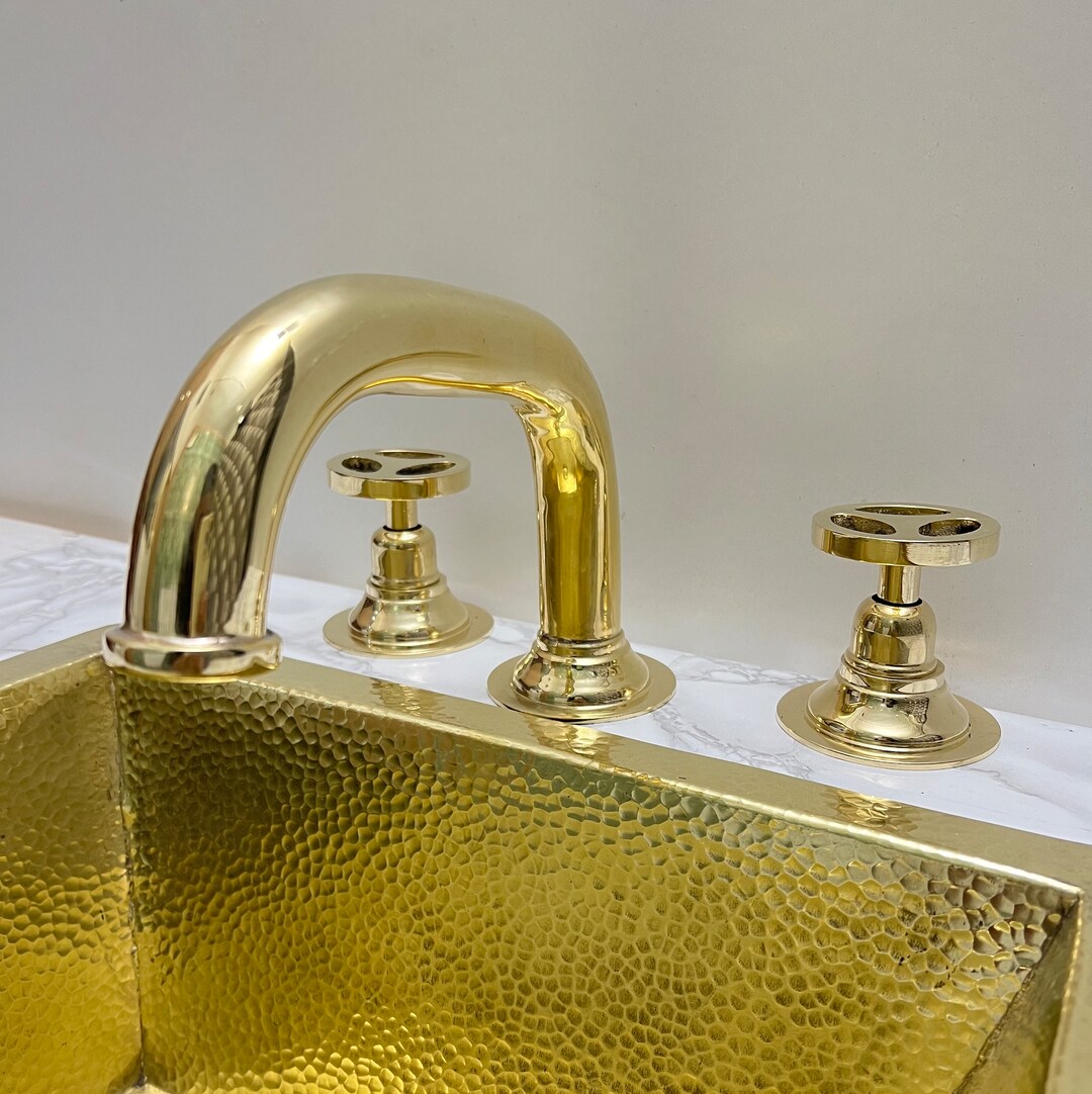 Unlacquered Brass Bathroom Sink, Three Holes Faucet, Brass Lavatory