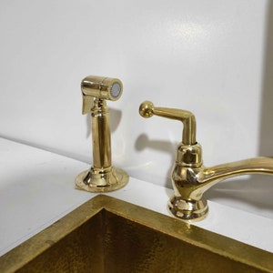 Unlacquered Brass Bridge Faucet, Pure Brass V Bridge Kitchen Faucet, Spray Side, Brass Soap dispenser image 7