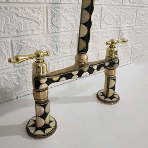 Moroccan Brass Bridge Faucet With Linear legs & Lever Handle Style - Bone and Black Resin Design - Kitchen Faucet image 5