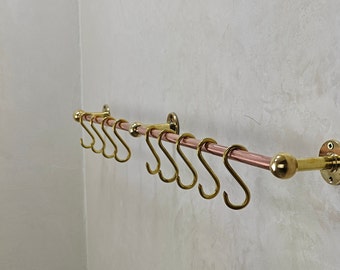 Antique Copper Pot Rack, Unlacquered Brass S Hooks for Pot Rail, Vintage Handmade Copper Kitchen Pot Rail - Kitchen Hardwares