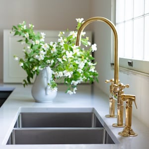 Unlacquered Antique Brass Kitchen Faucet With Sprayer and Cross Handles