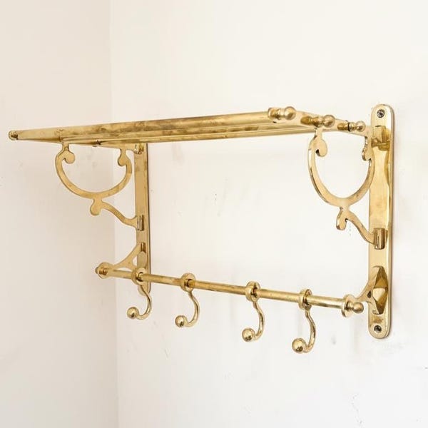 Unlacquered Brass Towel Rack, Bathroom Shelf with Hooks - Rack Bathroom Storage