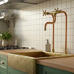Op de afbeelding: Een gootsteen met een messing kraan en een koperen pijp ontwerp. De goudkleurige, rechthoekige gootsteen is verzonken in een houten aanrechtblad. Groene kasten en een witte tegelachterwand maken het ontwerp compleet.