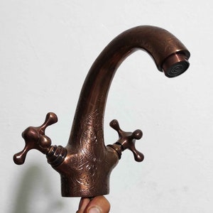 Copper Bathroom Sink | Single Hole Vanity Faucet | Dual Handle Bathroom Faucet | Vintage Bathroom Sink Faucet | Small Sink Faucet