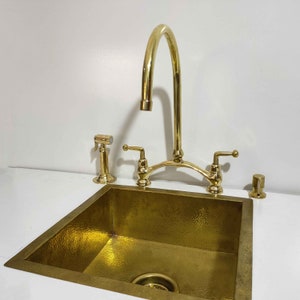 Unlacquered Brass Bridge Faucet, Pure Brass V Bridge Kitchen Faucet, Spray Side, Brass Soap dispenser image 5