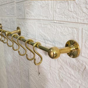 Unlacquered Brass Pot Rail, Wall Mounted Pot Rack With S Hooks, Custom Rod Hanging Pot and Pan, Antique Brass Kitchen Organizer