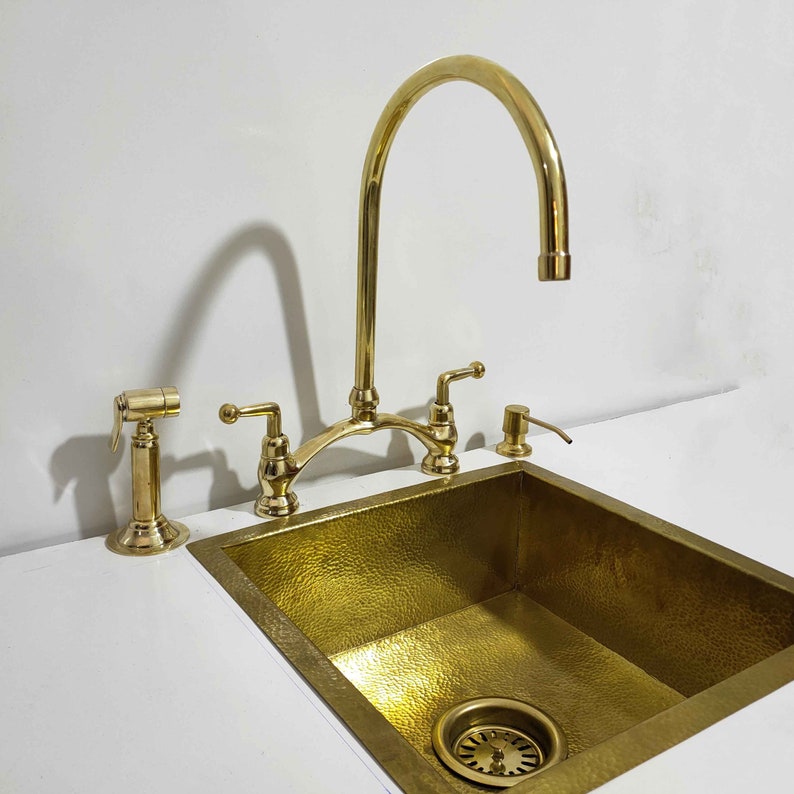 Unlacquered Brass Bridge Faucet, Pure Brass V Bridge Kitchen Faucet, Spray Side, Brass Soap dispenser image 1