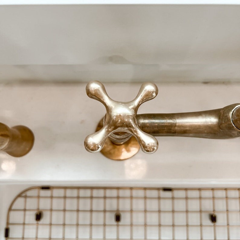 Unlacquered Brass Kitchen Faucet, Solid Brass 8" Bridge faucet with Cross Handles and Straight Legs image 3