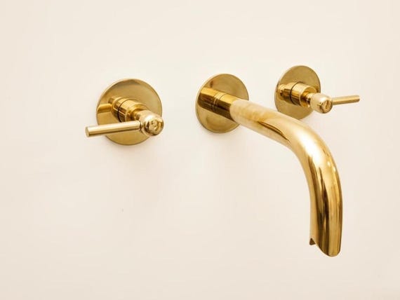 Unlacquered Brass Wall Mount Faucet Gold Double Handle | Lever Handle Wall Mounted Faucet Snake Opening | Custom Bathroom Sink Faucet