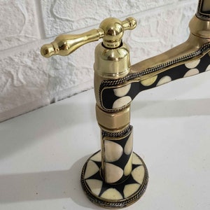 Moroccan Brass Bridge Faucet With Linear legs & Lever Handle Style - Bone and Black Resin Design - Kitchen Faucet image 6