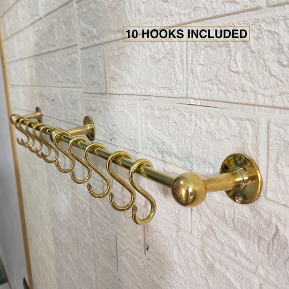 Unlacquered Brass Wall Mounted Pot Rack With Hooks