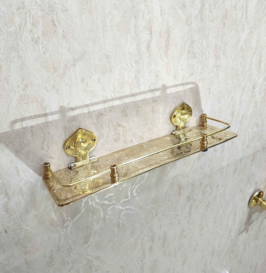 Engraved Solid Brass Wall Bathroom Shelf, Small Bathroom Shelf - Moroccan Handmade Bathroom ...