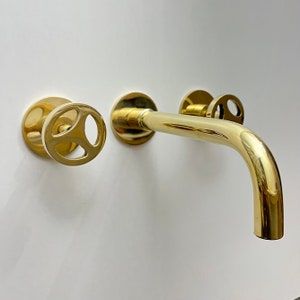 Unlacquered Brass Wall Mount Faucet, Solid Brass Bathroom Faucet With Round Handles