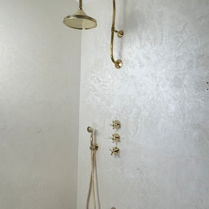 Unlacquered Brass Shower System,  Round ShowerHead, Shower Faucet and Shower Hand With  Curved Shower Arm Extension