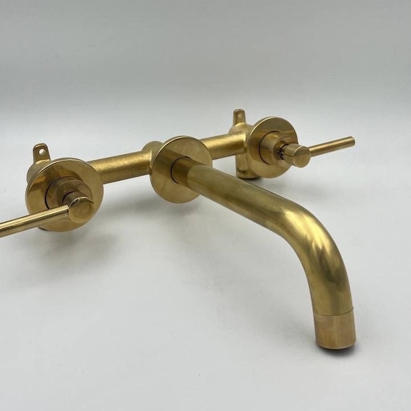 Solid Brass Wall Mounted Faucet, Unlacquered Brass Bathroom Faucet