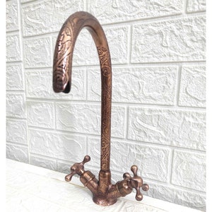 Copper Goosneck Faucet with Engraved Finish , Single hole Faucet , Kitchen Faucet Bathroom