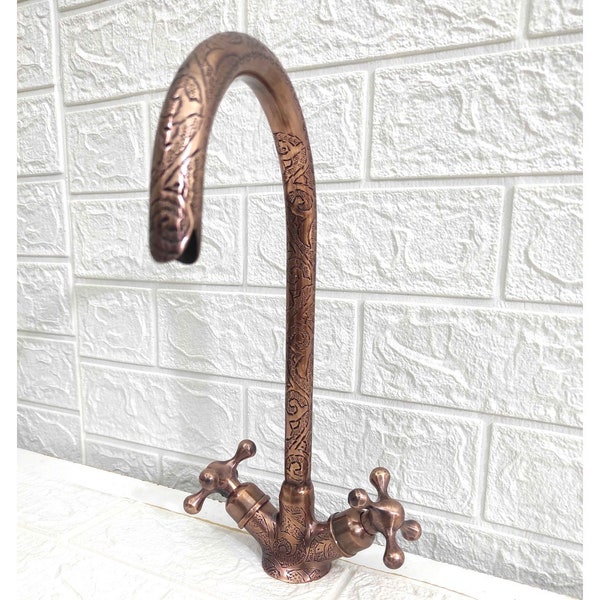 Grifo de cuello de cisne de cobre con acabado grabado, grifo monomando, grifo de cocina/baño