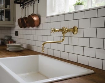 Unlacquered Brass Faucet Kitchen With Crooked Spout & Two Brass Handles