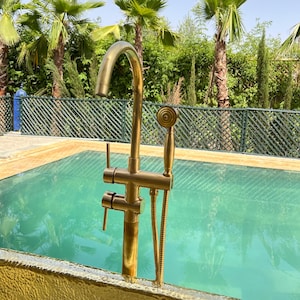 Unlacquered Brass Freestanding Tub Filler, Solid Brass Floor Mount Tub Faucet, freestanding Faucet Bathroom