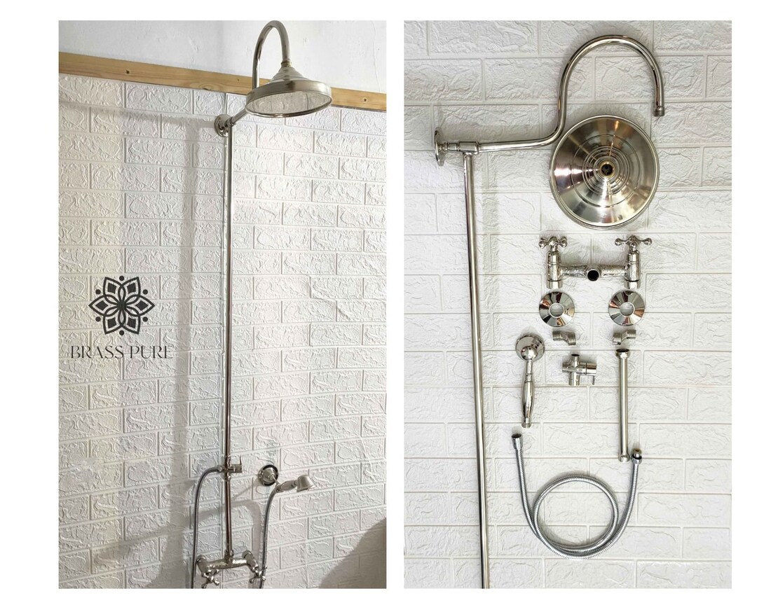 Solid Brass Exposed Shower Head With Handheld, Nickel Brass Shower