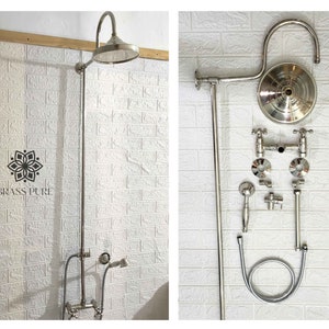 Polished Nickel Shower System, Handheld and ShowerHead System, Vintage Victorian shower system, Bathroom Shower Exposed Shower