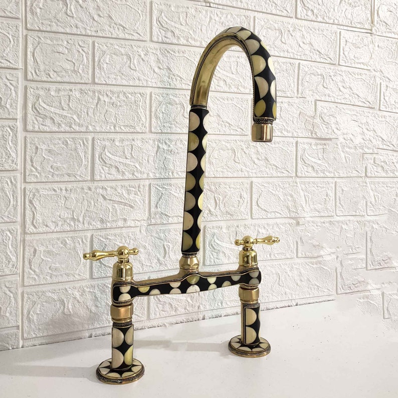 Moroccan Brass Bridge Faucet With Linear legs & Lever Handle Style - Bone and Black Resin Design - Kitchen Faucet image 3