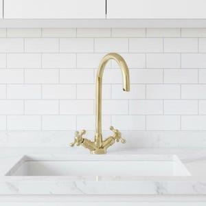 Unlacquered Brass Gooseneck Faucet , Dual handle Single Hole Kitchen faucet - Kitchen and Bathroom Faucet, Patina Brass