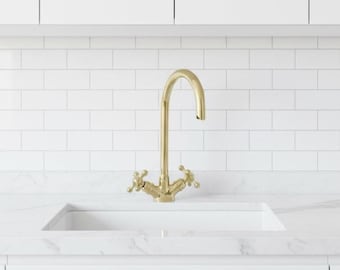 Unlacquered Brass Gooseneck Faucet , Dual handle Single Hole Kitchen faucet - Kitchen and Bathroom Faucet, Patina Brass
