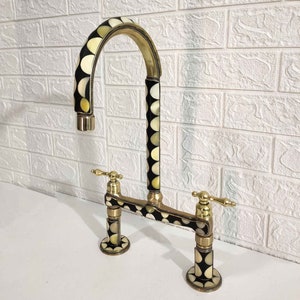 Moroccan Brass Bridge Faucet With Linear legs & Lever Handle Style - Bone and Black Resin Design - Kitchen Faucet