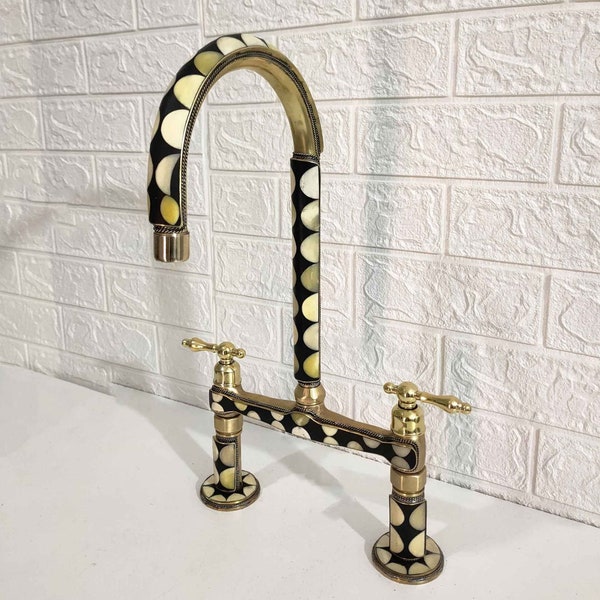 Moroccan Brass Bridge Faucet With Linear legs & Lever Handle Style - Bone and Black Resin Design - Kitchen Faucet