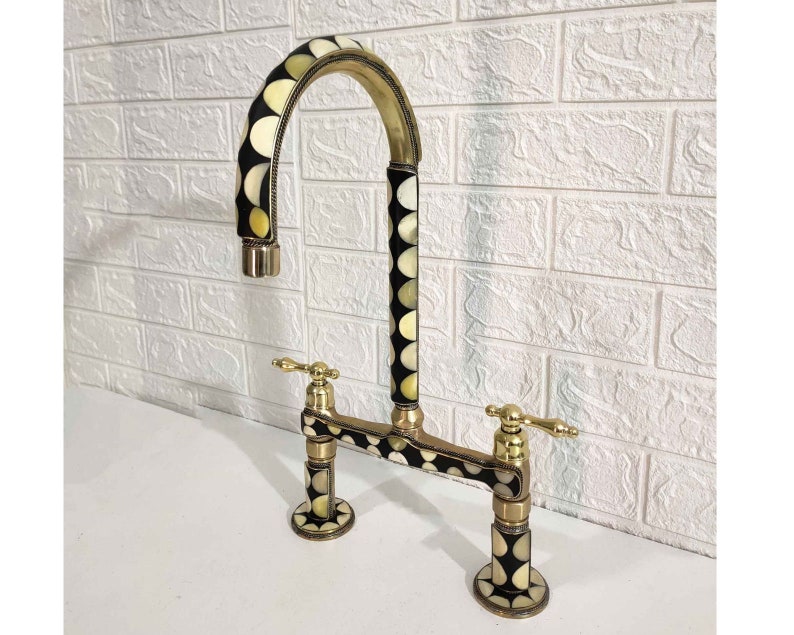 Moroccan Brass Bridge Faucet With Linear legs & Lever Handle Style Bone and Black Resin Design Kitchen Faucet image 1