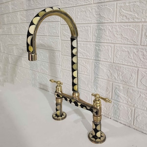 Moroccan Brass Bridge Faucet With Linear legs & Lever Handle Style - Bone and Black Resin Design - Kitchen Faucet image 4