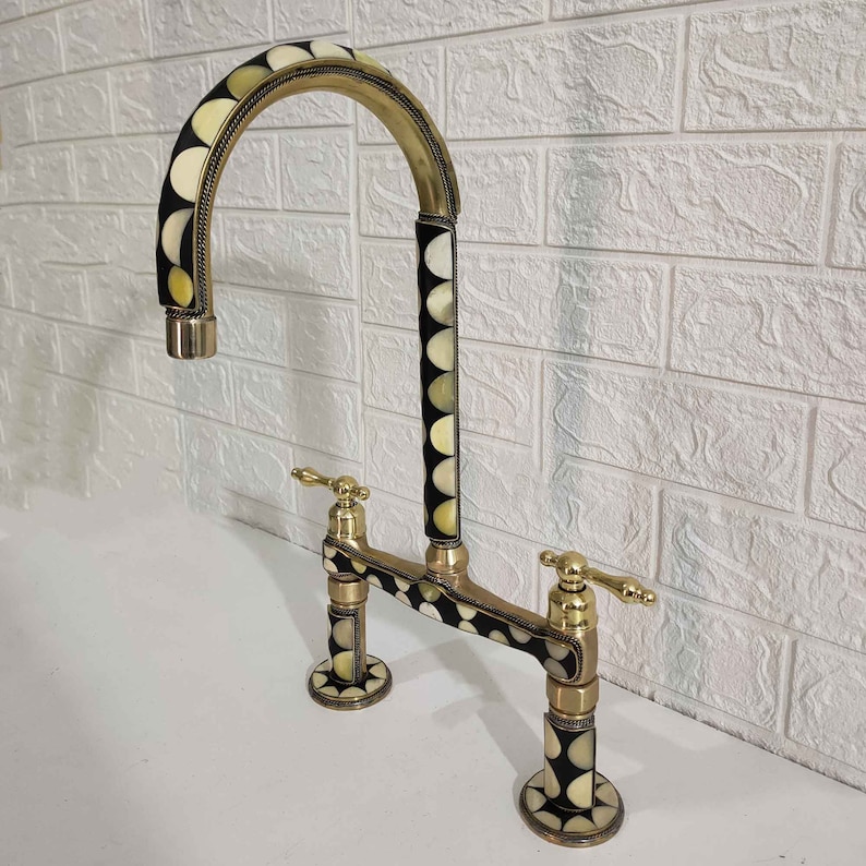 Moroccan Brass Bridge Faucet With Linear legs & Lever Handle Style - Bone and Black Resin Design - Kitchen Faucet image 4