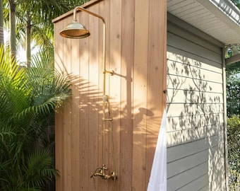 Unlacquered Brass Outdoor Shower With HandHeld, Handmade Solid Brass Shower Head with Handheld