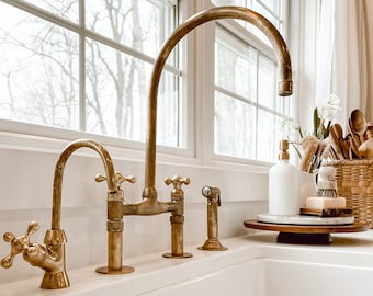 Unlacquered Brass Kitchen Faucet, Solid Brass 8" Bridge faucet with Cross Handles and Straight Legs